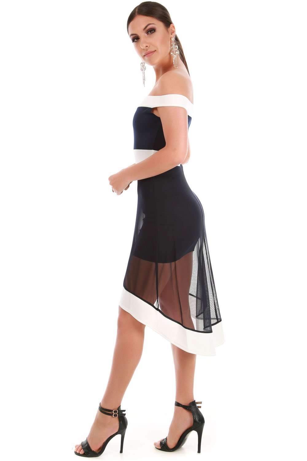 Monochrome Off Shoulder Dipped Hem Mesh Midi Dress - bejealous-com