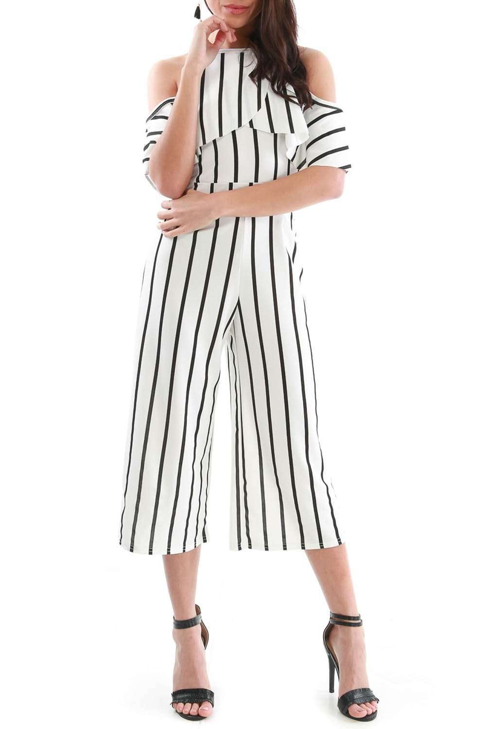 Monochrome Striped Frilly Cold Shoulder Culotte Jumpsuit - bejealous-com