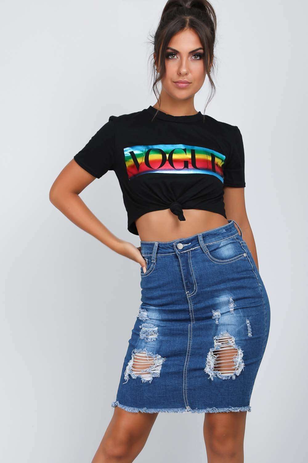 Myra High Waist Ripped Denim Midi Skirt - bejealous-com