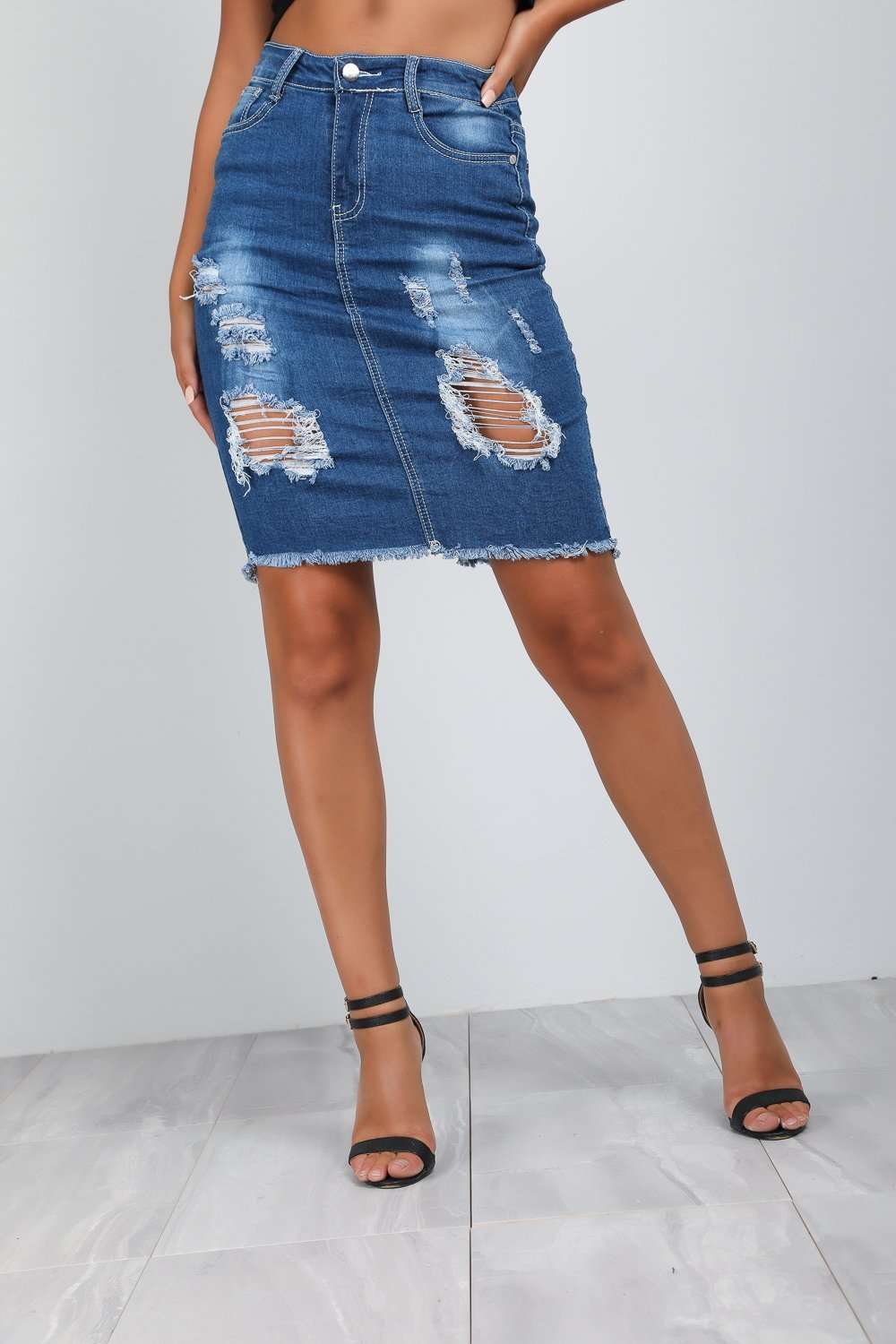 Myra High Waist Ripped Denim Midi Skirt - bejealous-com