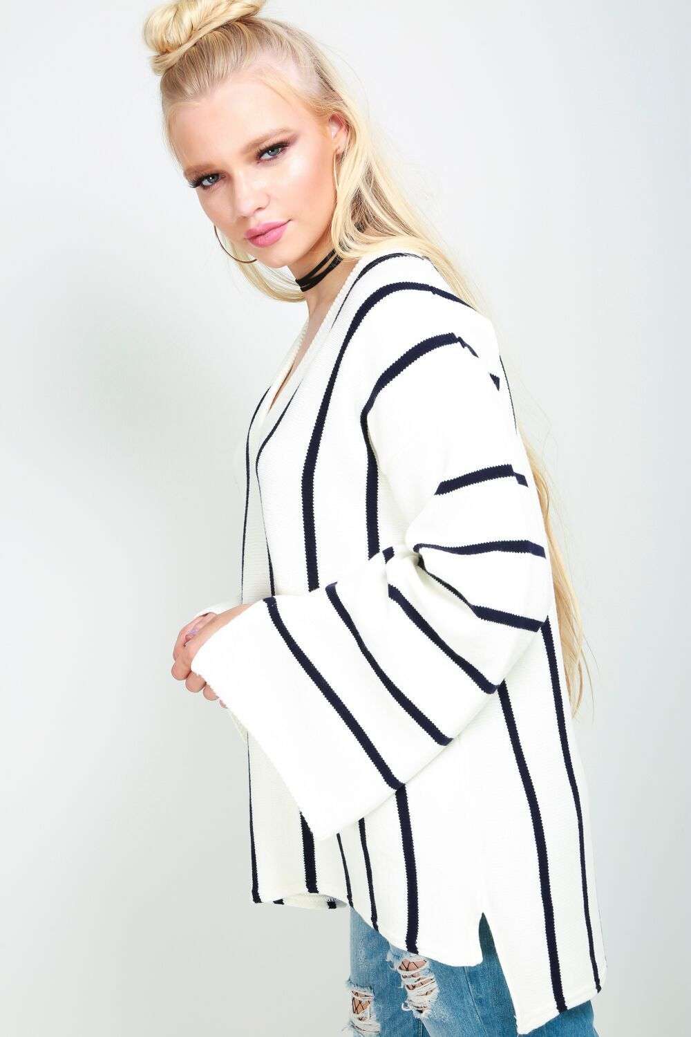 Flare Sleeve Oversize Black Knitted Jumper - bejealous-com
