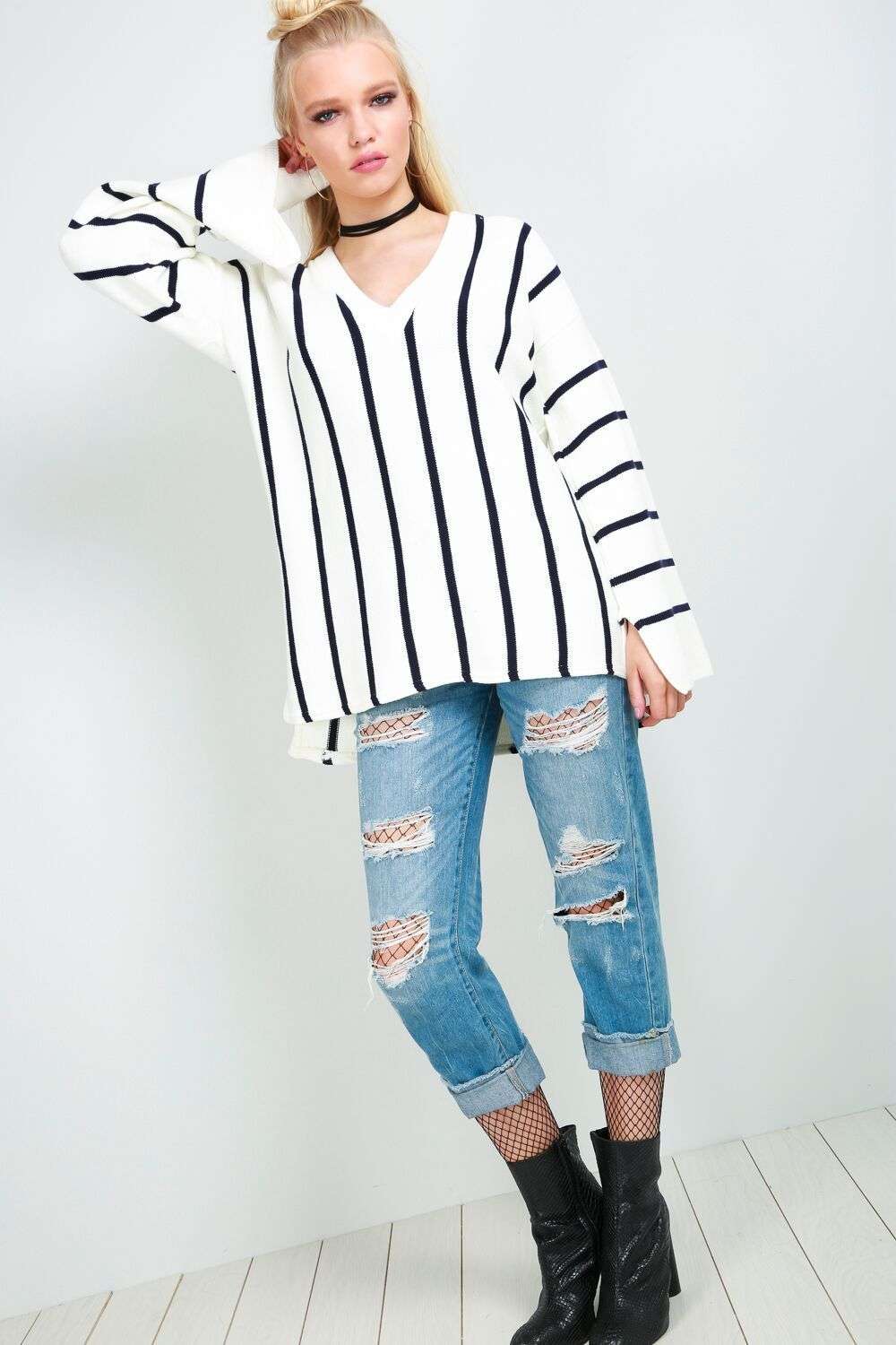Flare Sleeve Oversize Black Knitted Jumper - bejealous-com
