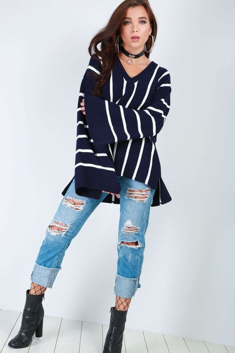 Flare Sleeve Oversize Black Knitted Jumper - bejealous-com