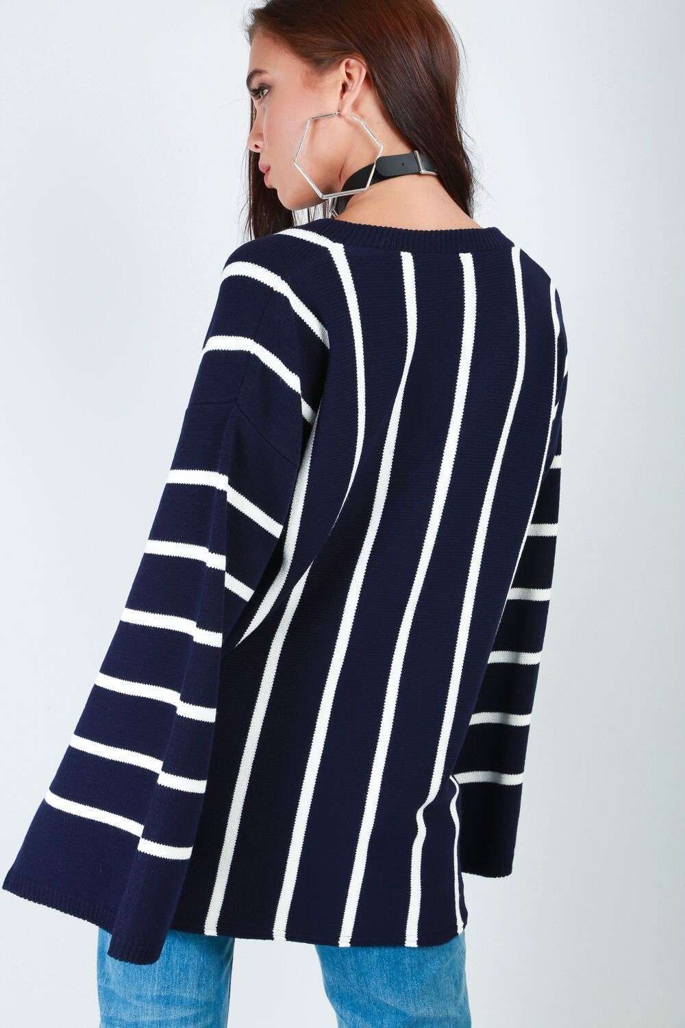 Natalia Flare Sleeve Striped Knitted Jumper - bejealous-com