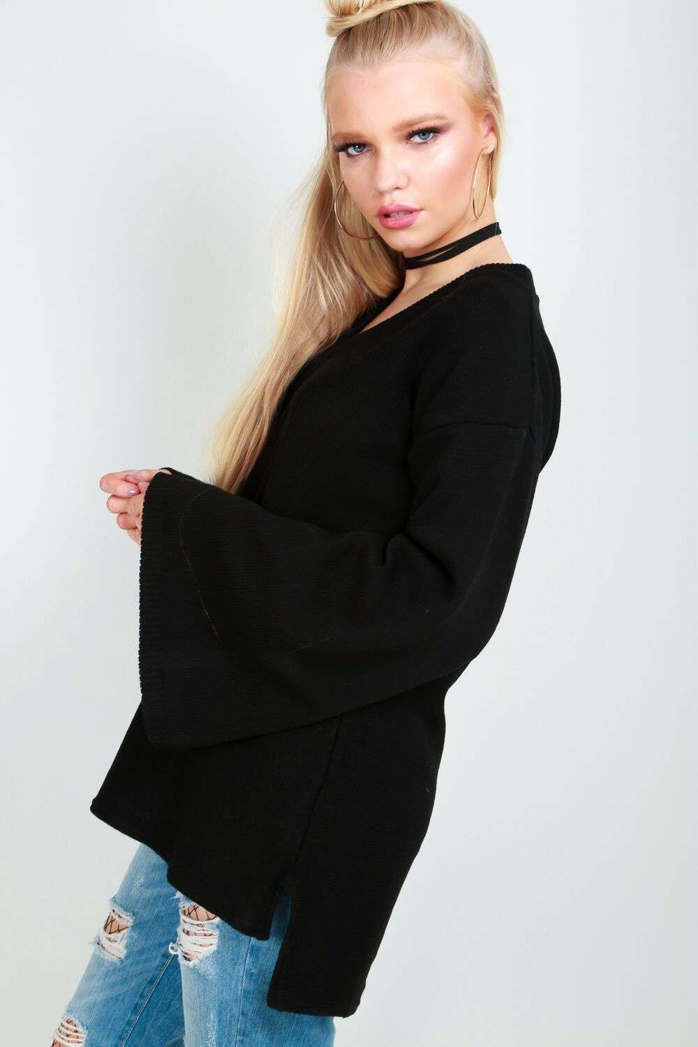 Flare Sleeve Oversize Black Knitted Jumper - bejealous-com