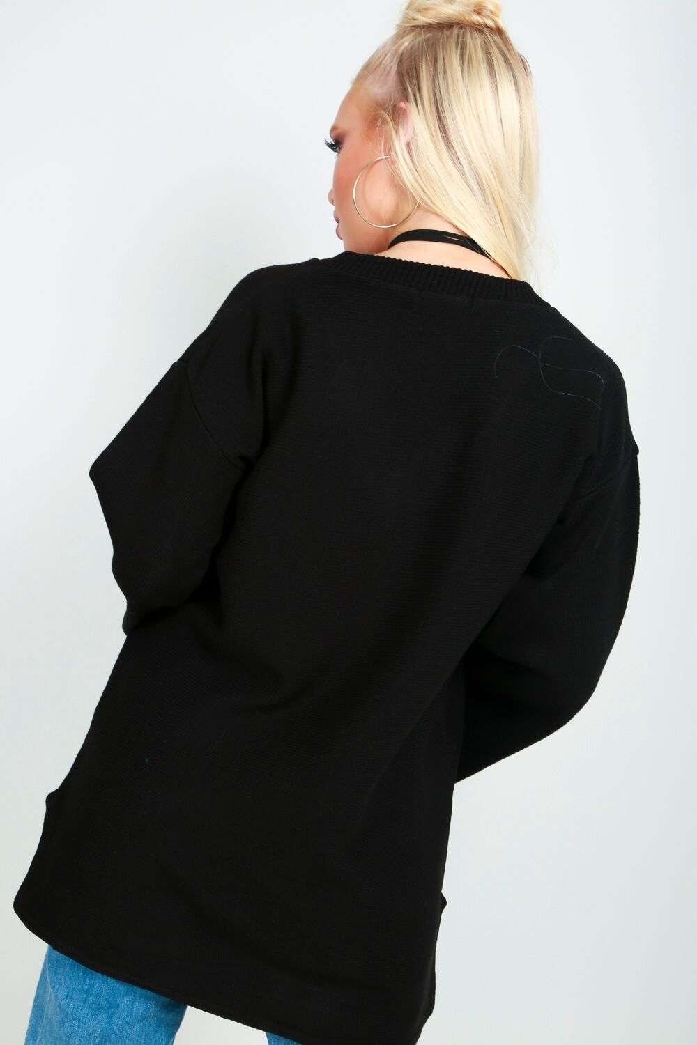 Flare Sleeve Oversize Black Knitted Jumper - bejealous-com