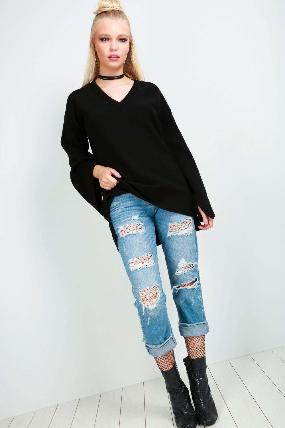 Flare Sleeve Oversize Black Knitted Jumper - bejealous-com