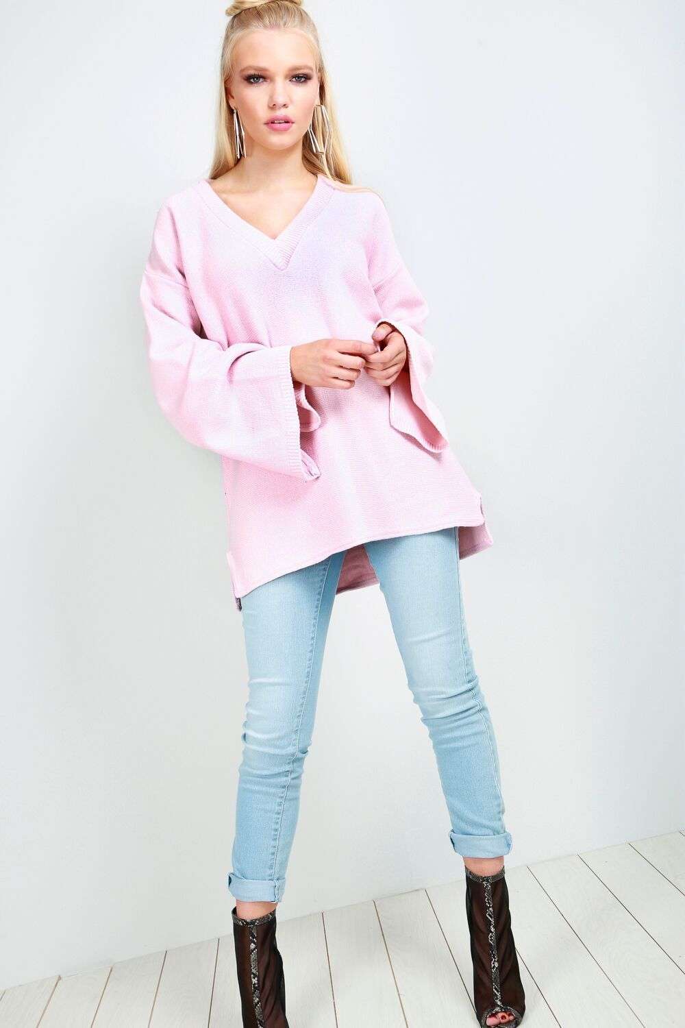 Flare Sleeve Oversize Black Knitted Jumper - bejealous-com