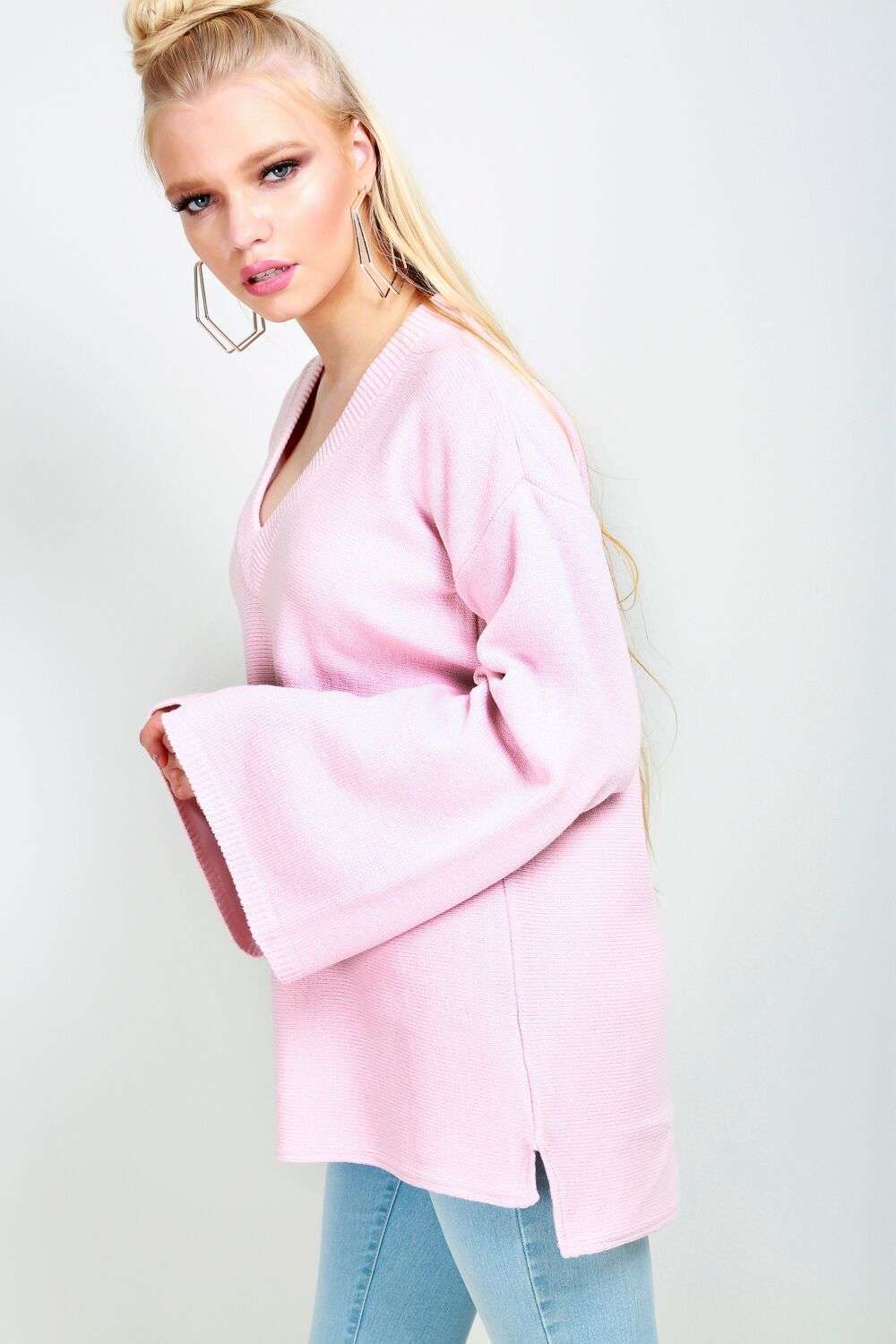 Flare Sleeve Oversize Black Knitted Jumper - bejealous-com