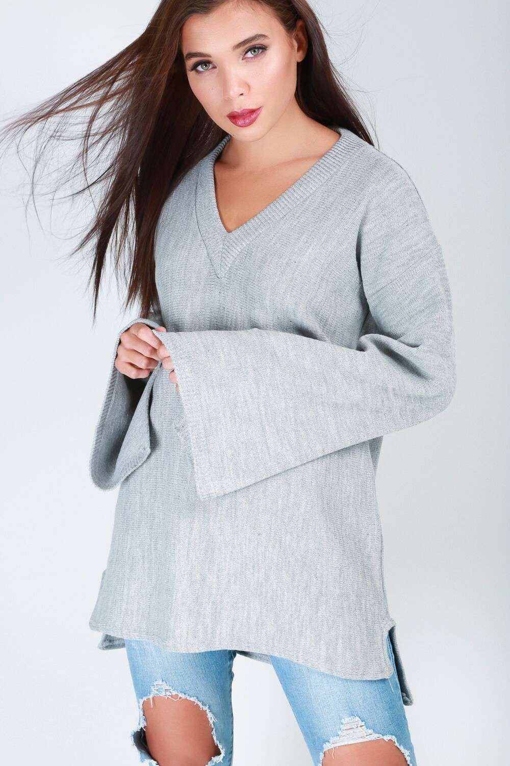 Natalia Vneck Wide Sleeve Knitted Jumper - bejealous-com