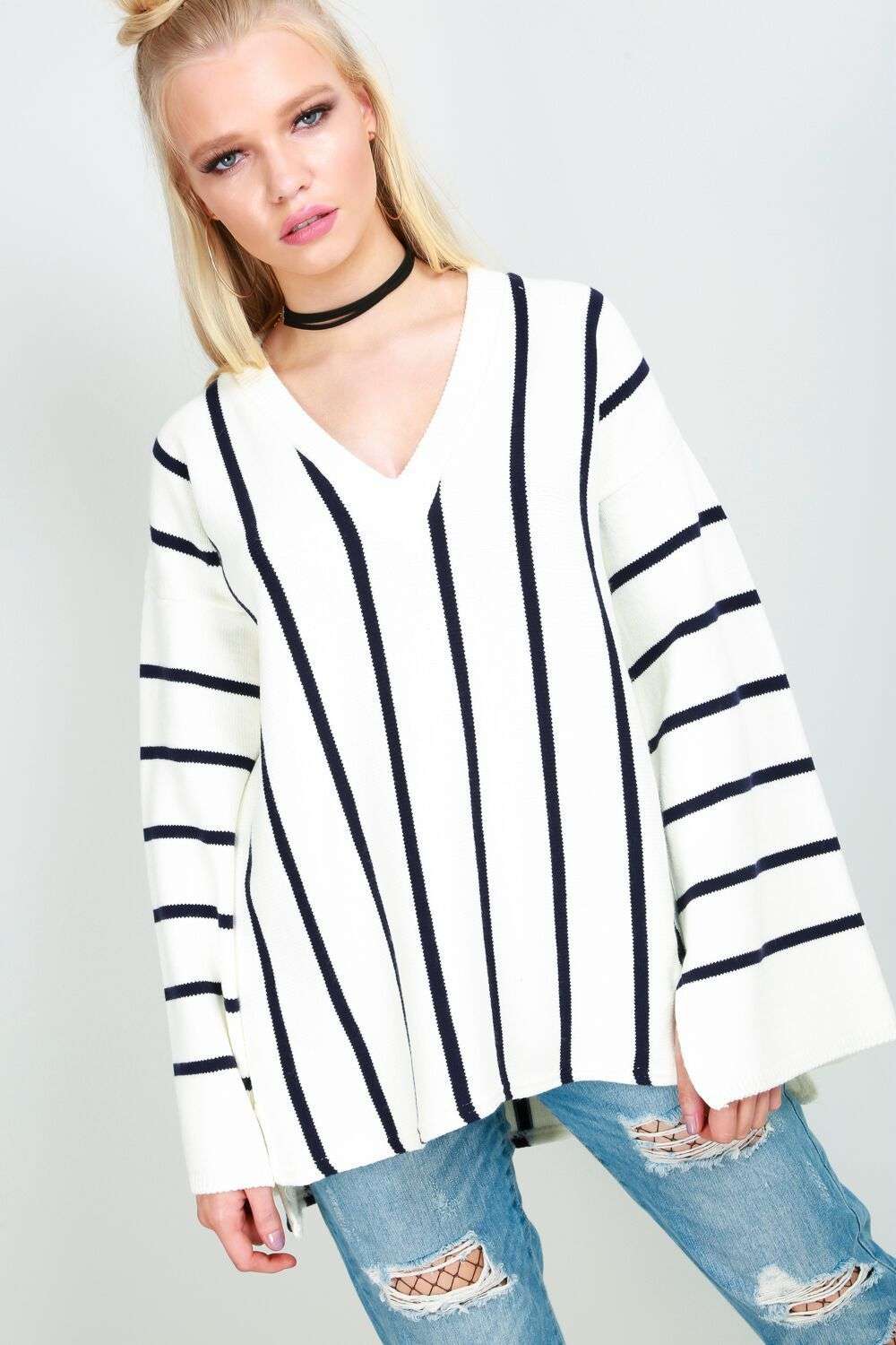 Natalia Vneck Wide Sleeve Knitted Jumper - bejealous-com