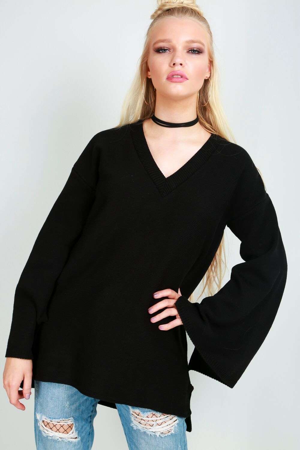 Natalia Vneck Wide Sleeve Knitted Jumper - bejealous-com