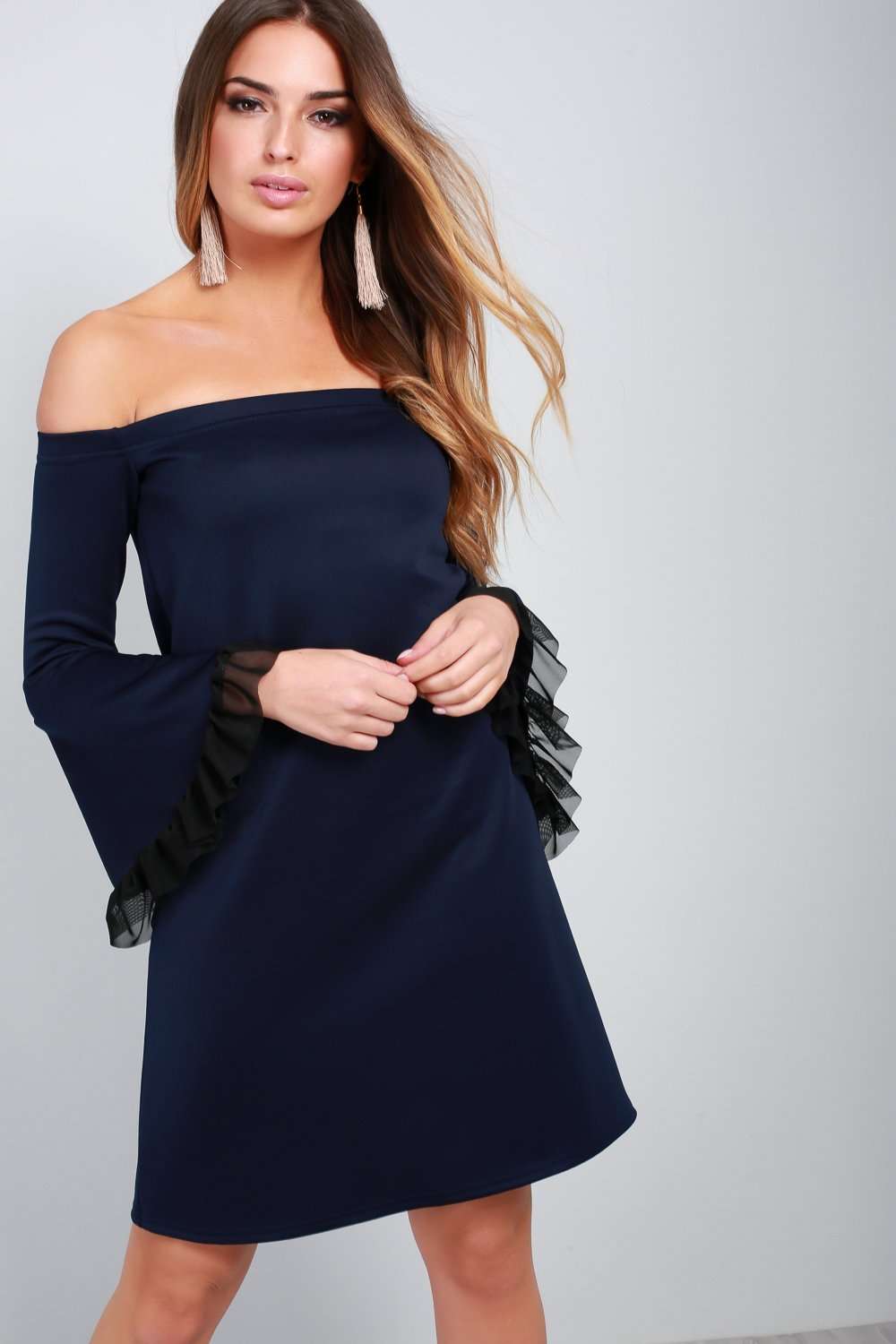 Navy Bardot Flare Sleeve Mini Swing Dress - bejealous-com