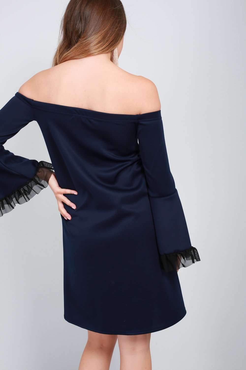 Navy Bardot Flare Sleeve Mini Swing Dress - bejealous-com