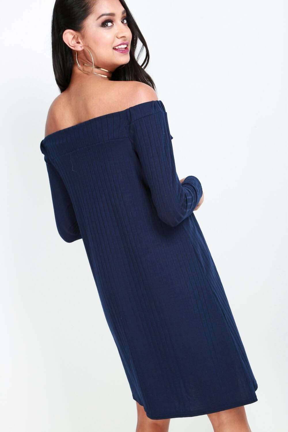 Navy Bardot Long Sleeve Ribbed Mini Swing Dress - bejealous-com