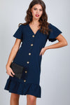 Navy Button Through Frill Sleeve Mini Dress - bejealous-com