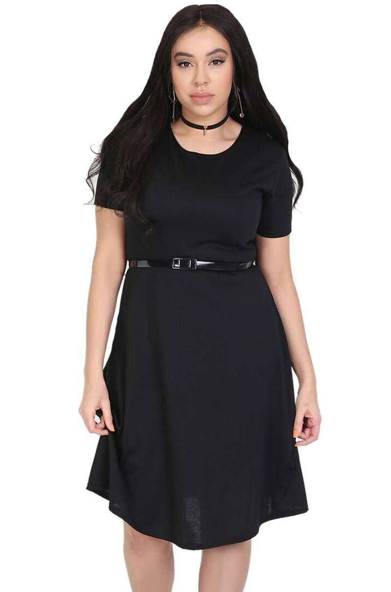 Navy Cap Sleeve Belted Midi Skater Dress - bejealous-com