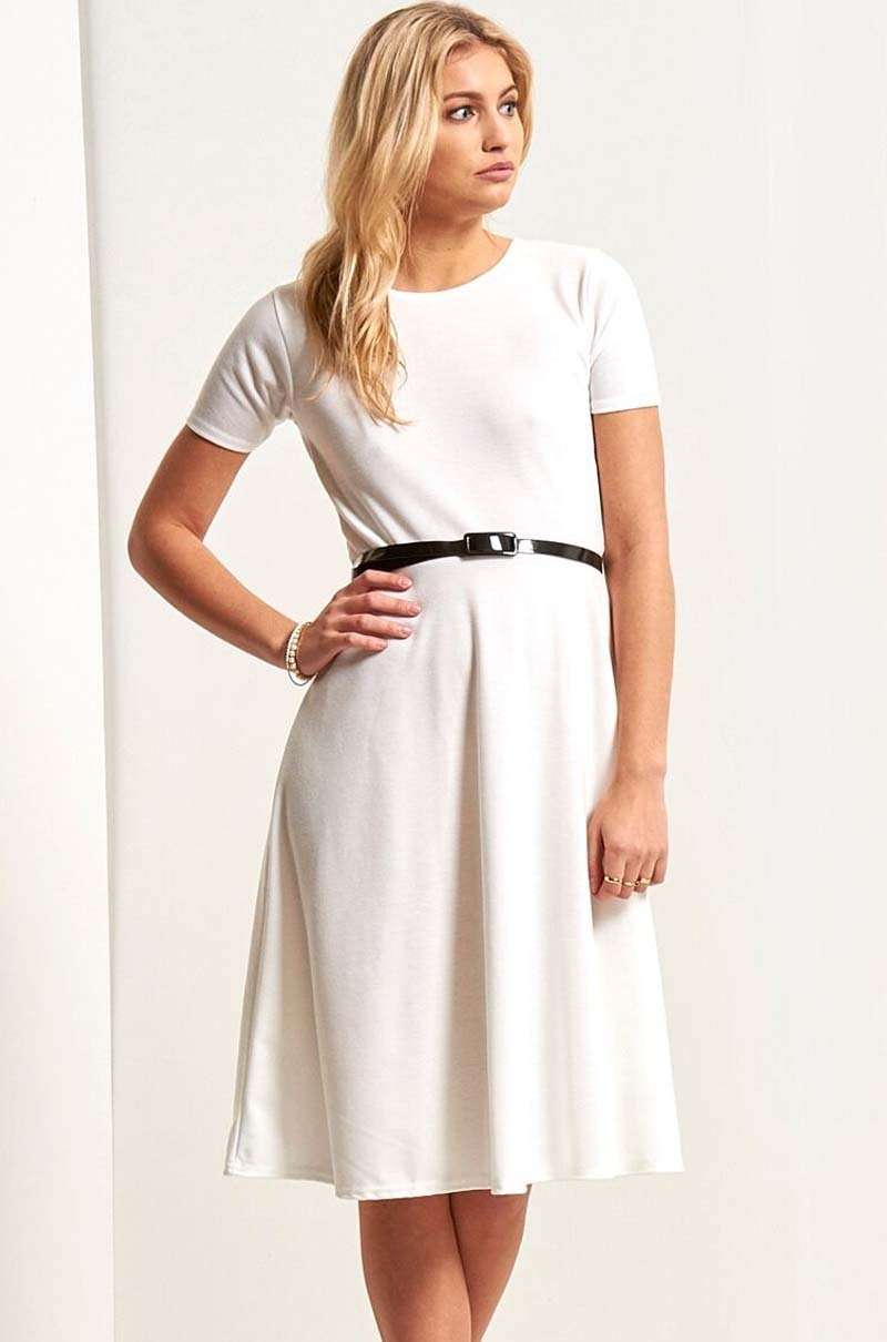 Navy Cap Sleeve Belted Midi Skater Dress - bejealous-com