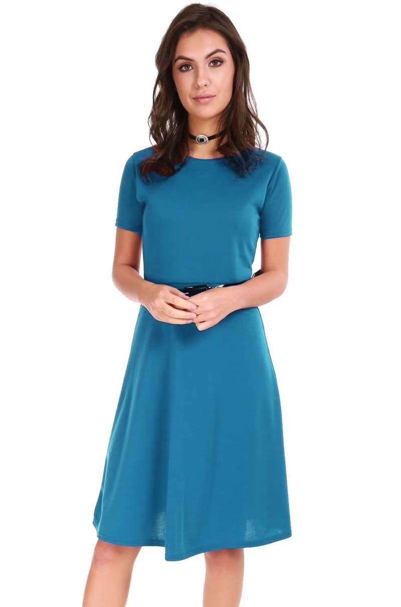 Navy Cap Sleeve Belted Midi Skater Dress - bejealous-com
