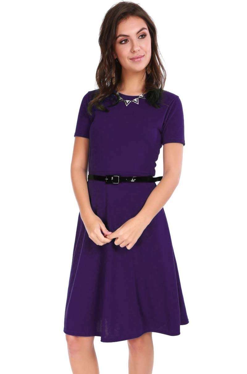Navy Cap Sleeve Belted Midi Skater Dress - bejealous-com