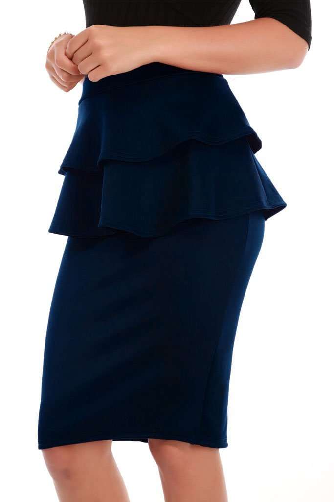 Navy High Waist Peplum Frill Midi Pencil Skirt - bejealous-com
