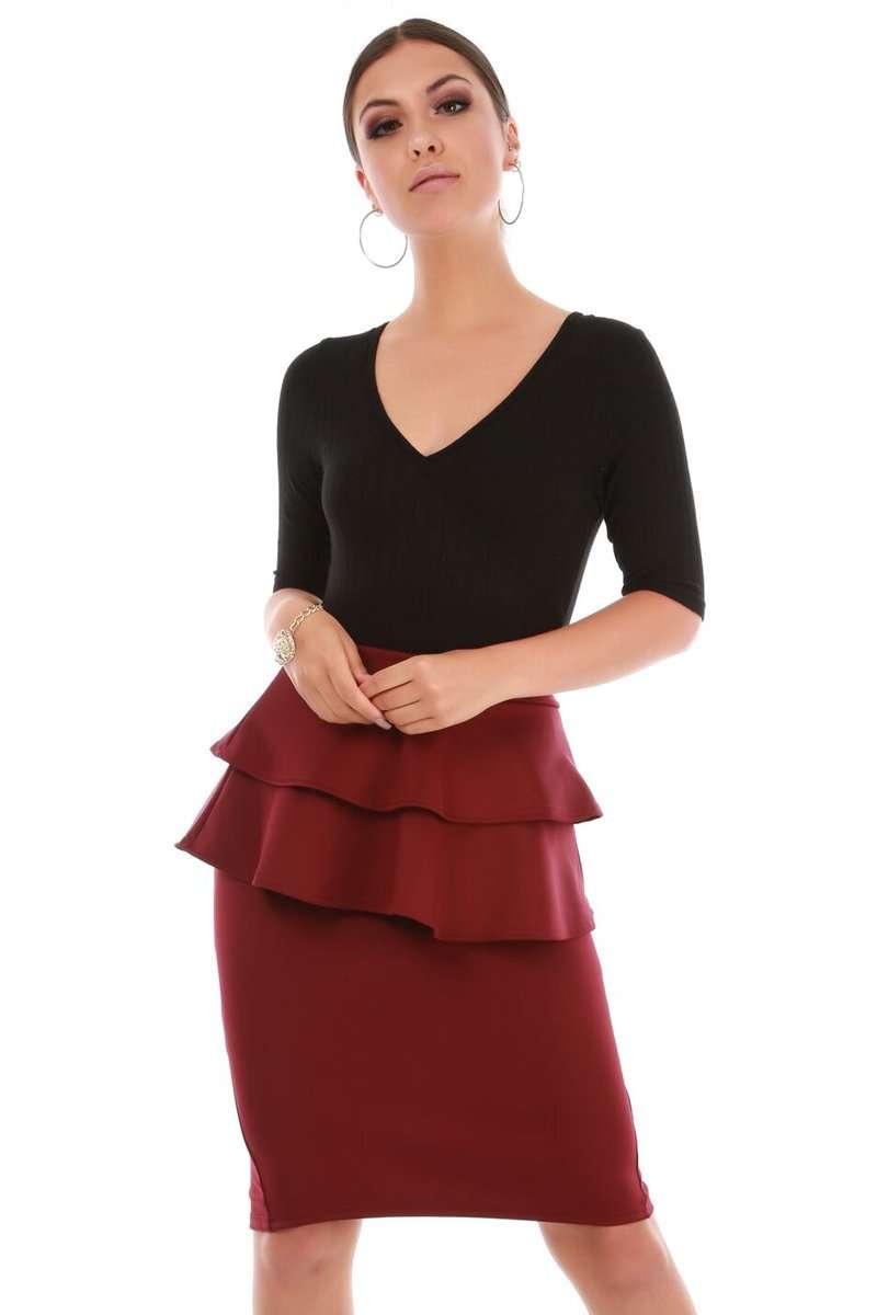 Navy High Waist Peplum Frill Midi Pencil Skirt - bejealous-com