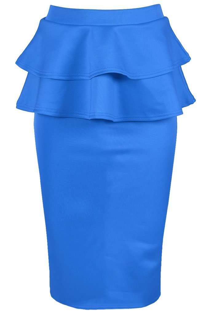Navy High Waist Peplum Frill Midi Pencil Skirt - bejealous-com