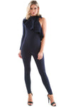 Navy One Sleeve Off Shoulder Tie Neck Frilly Jumpsuit - bejealous-com