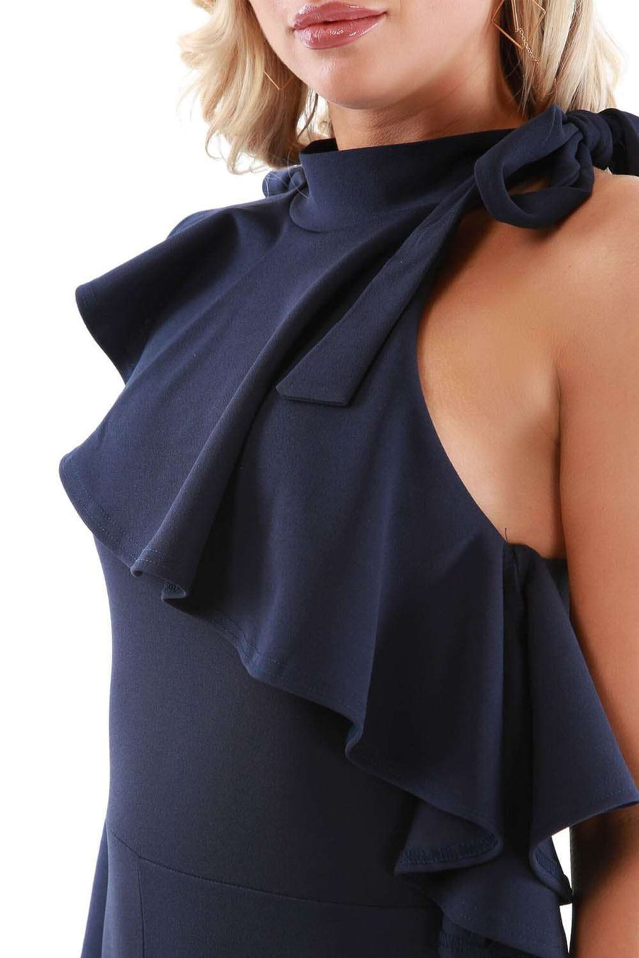 Navy One Sleeve Off Shoulder Tie Neck Frilly Jumpsuit - bejealous-com