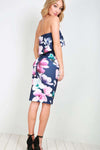 Navy Strapless V Bar Floral Midi Bodycon Dress - bejealous-com