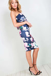 Navy Strapless V Bar Floral Midi Bodycon Dress - bejealous-com