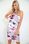 Navy Strapless V Bar Floral Midi Bodycon Dress - bejealous-com