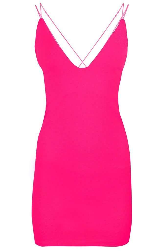 Neon Pink Plunge Neck Strappy Bodycon Dress - bejealous-com