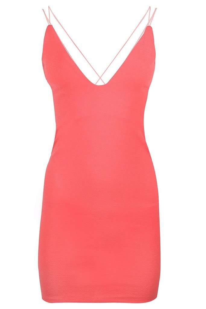 Neon Pink Plunge Neck Strappy Bodycon Dress - bejealous-com