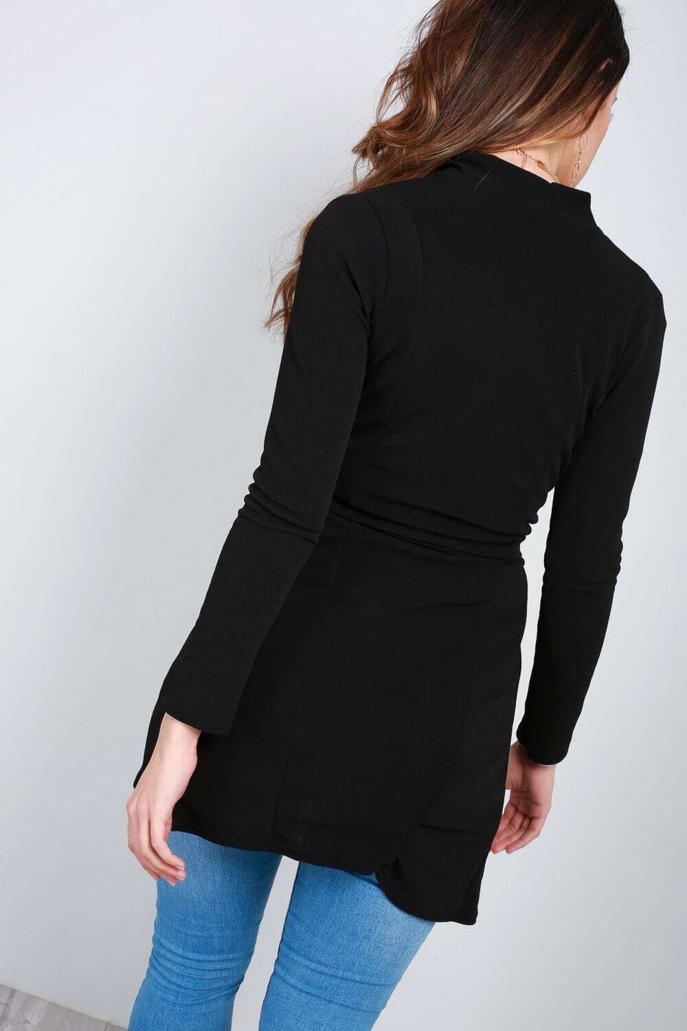 Niamh Black Long Sleeve Open Front Belted Jacket - bejealous-com