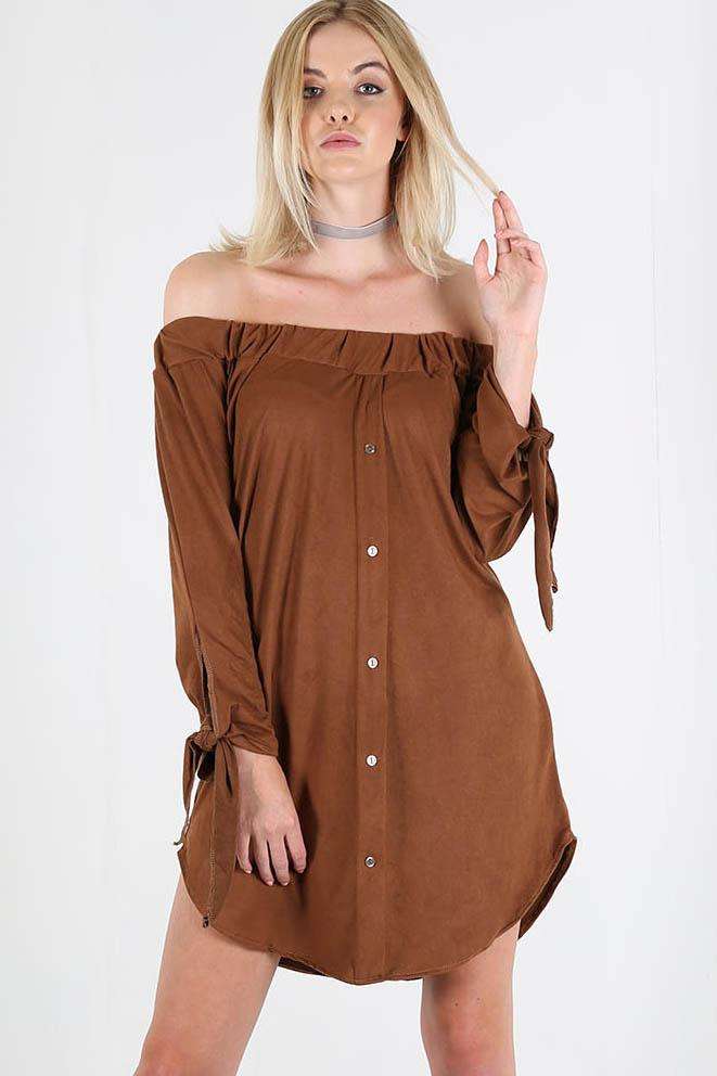 Nikita Off Shoulder Faux Suede Shirt Dress - bejealous-com