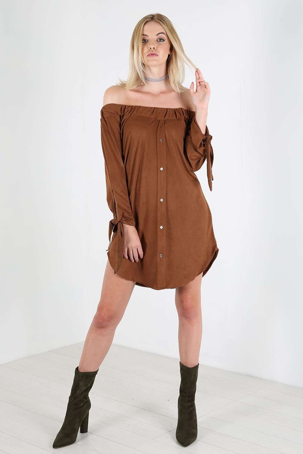 Nikita Off Shoulder Faux Suede Shirt Dress - bejealous-com