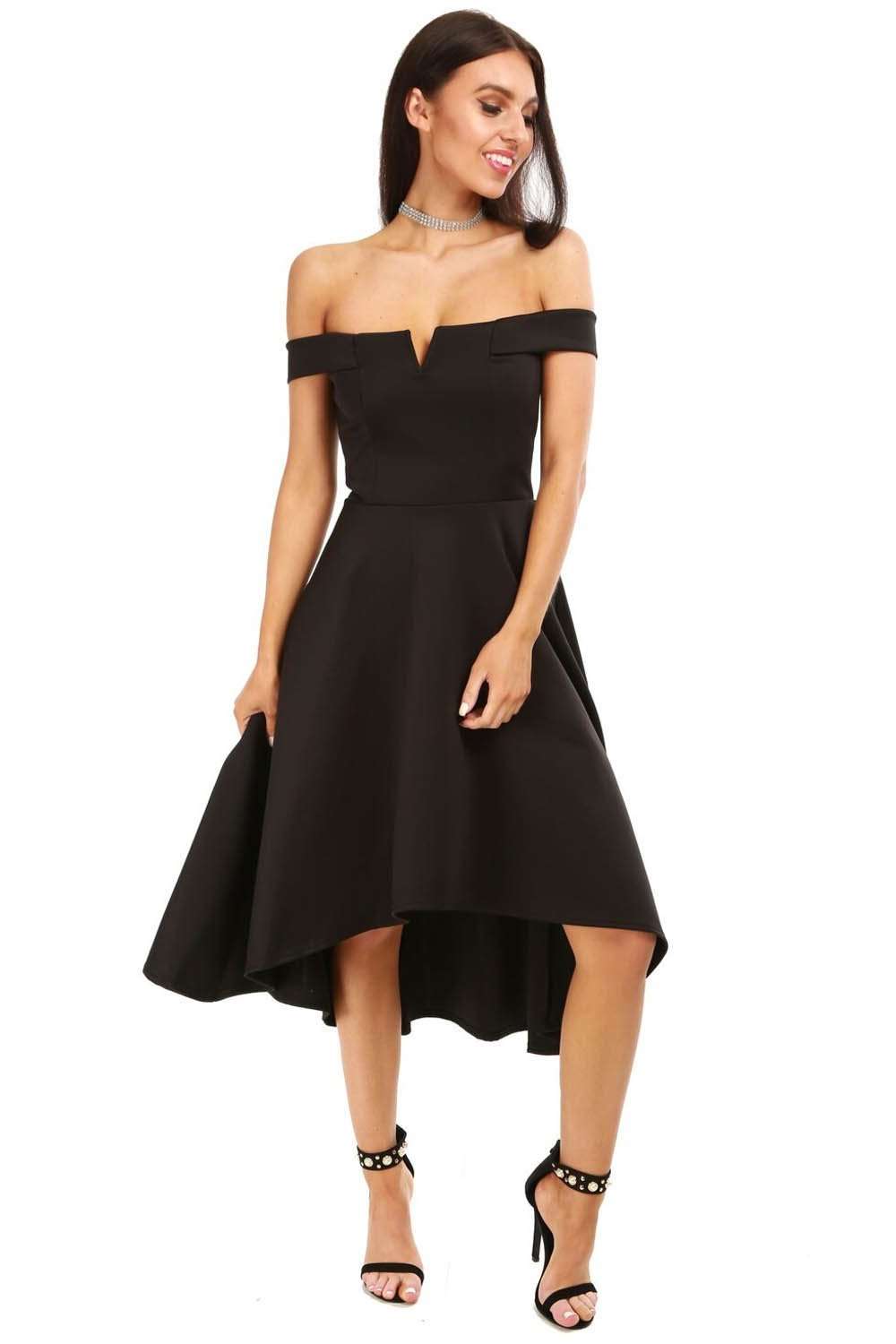 Nude V Bar Off Shoulder Dipped Hem Midi Dress - bejealous-com