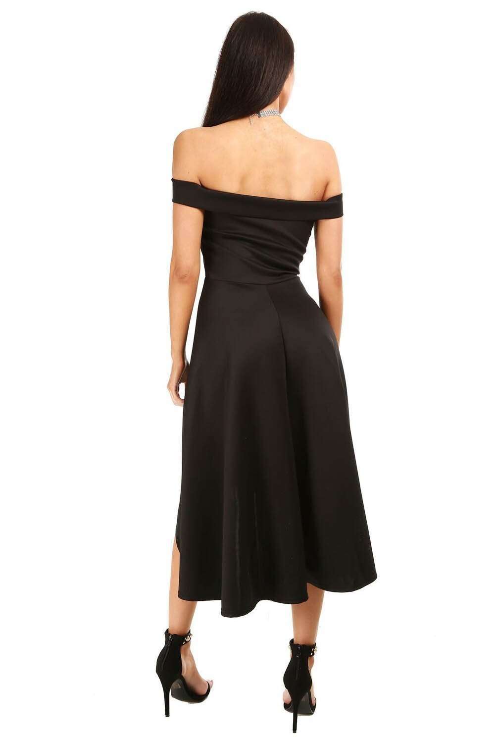 Nude V Bar Off Shoulder Dipped Hem Midi Dress - bejealous-com