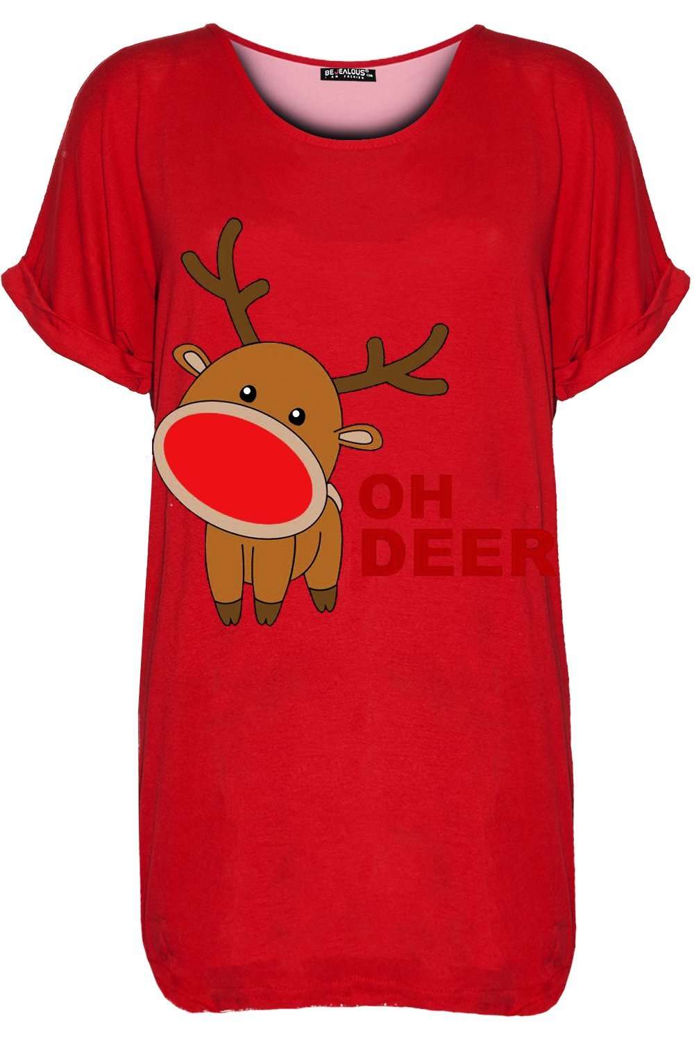 Oversized Rolled Sleeve Reindeer Print Christmas TShirt - bejealous-com