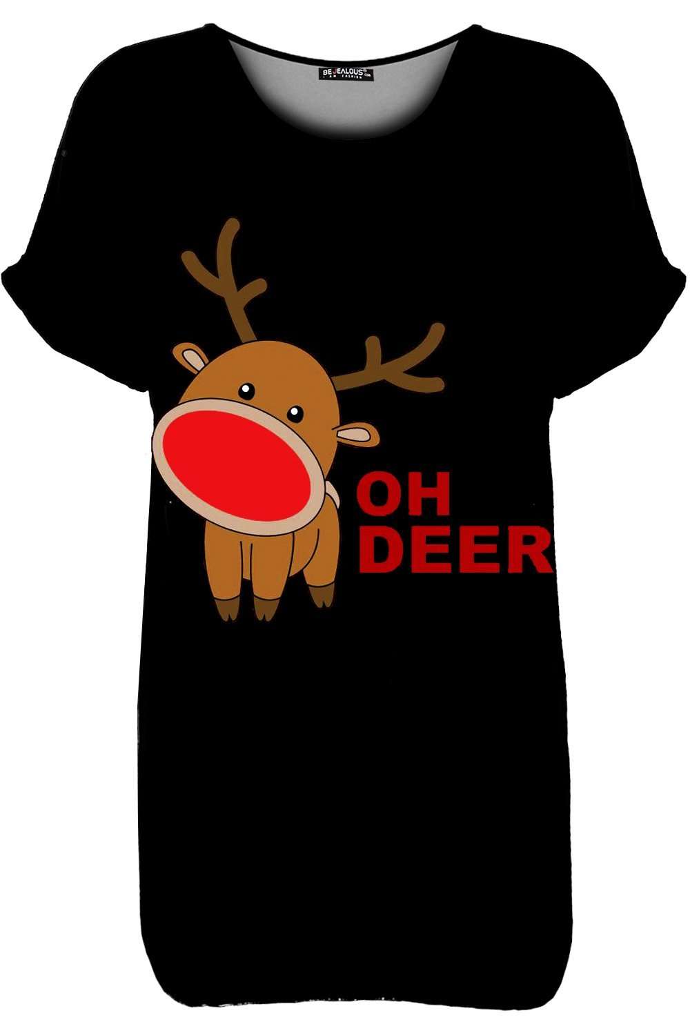 Oversized Rolled Sleeve Reindeer Print Christmas TShirt - bejealous-com
