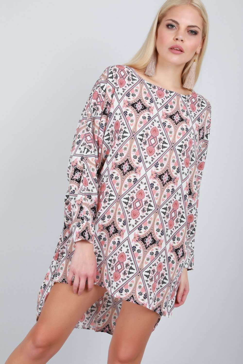 Pink Paisley Dipped Hem Long Sleeve Top - bejealous-com