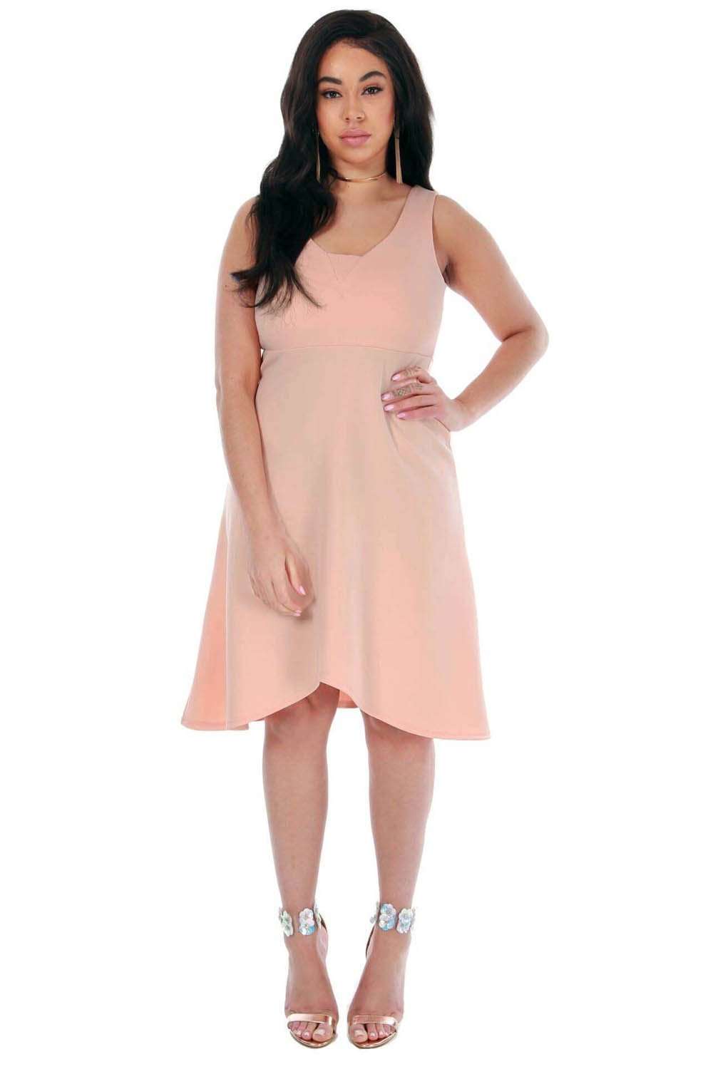 Pink Plus Size VNeck Dipped Hem Midi Swing Dress - bejealous-com