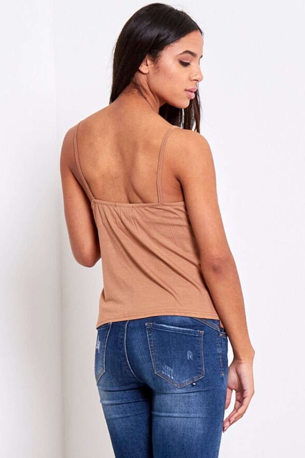 Plain Beige Strappy Basic Jersey Cami Swing Top - bejealous-com