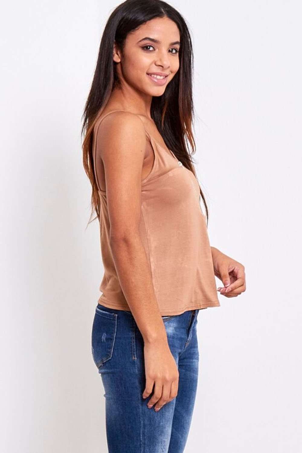 Plain Beige Strappy Basic Jersey Cami Swing Top - bejealous-com