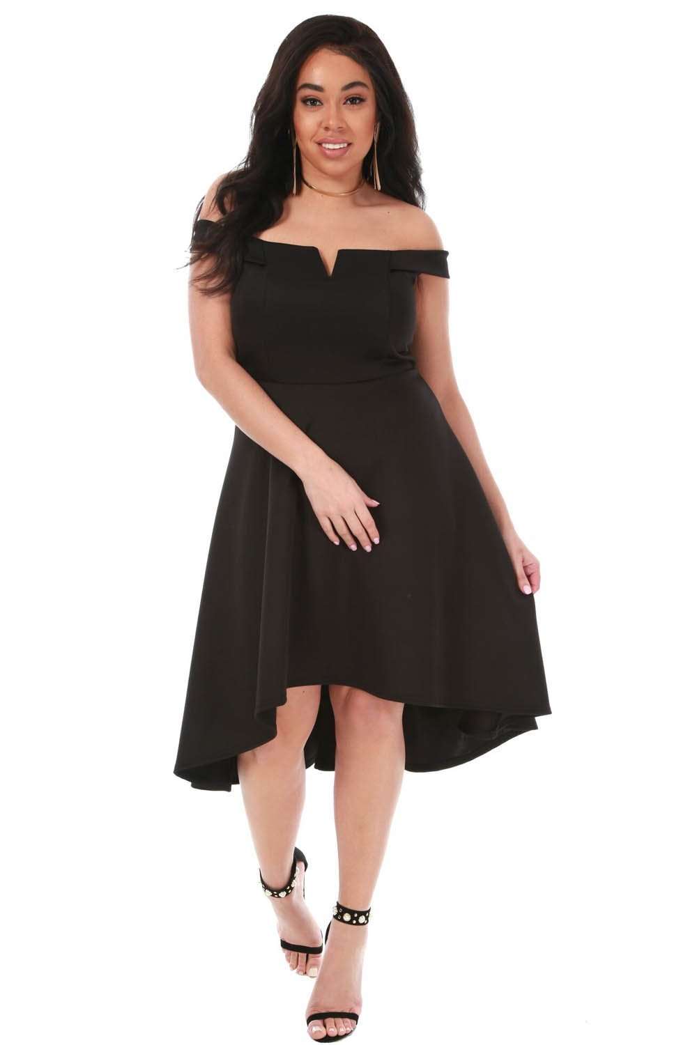 Plus Size Black Off Shoulder Dipped Hem Midi Swing Dress - bejealous-com