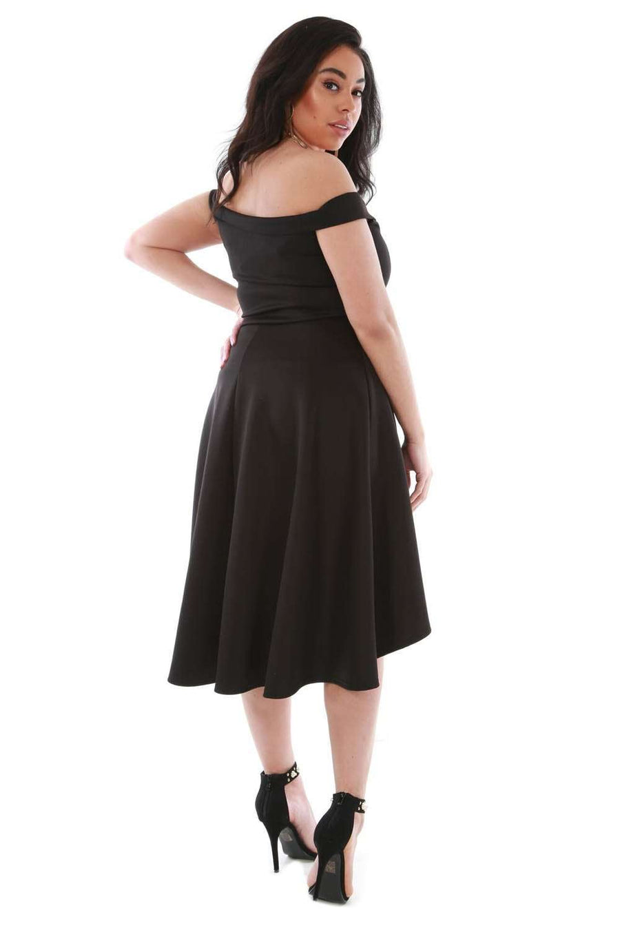 Plus Size Black Off Shoulder Dipped Hem Midi Swing Dress - bejealous-com