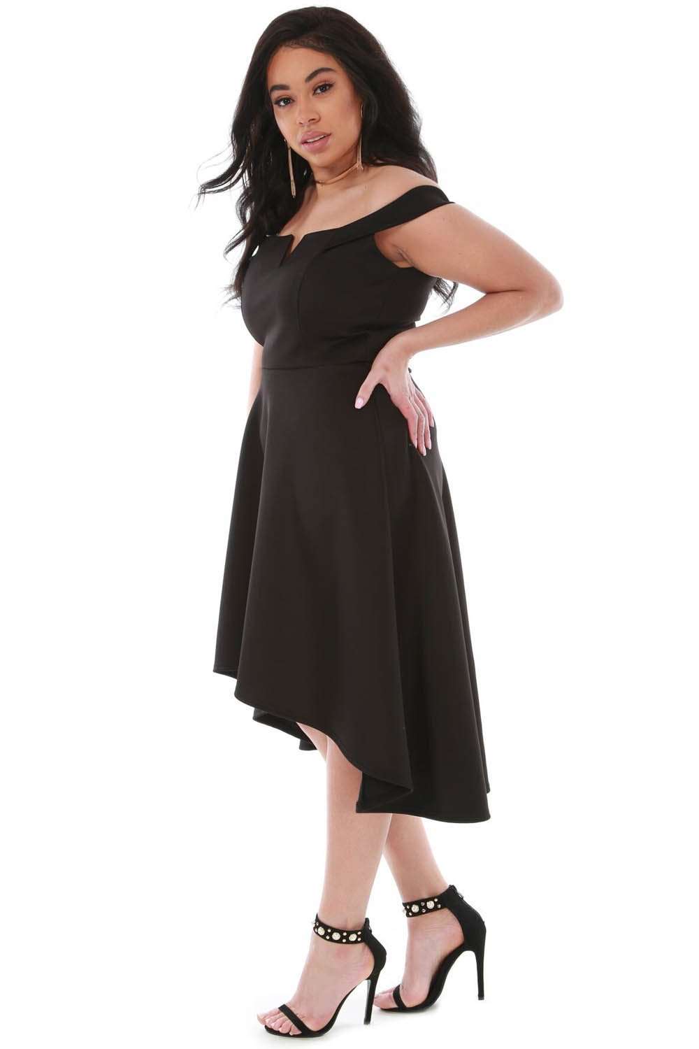 Plus Size Black Off Shoulder Dipped Hem Midi Swing Dress - bejealous-com