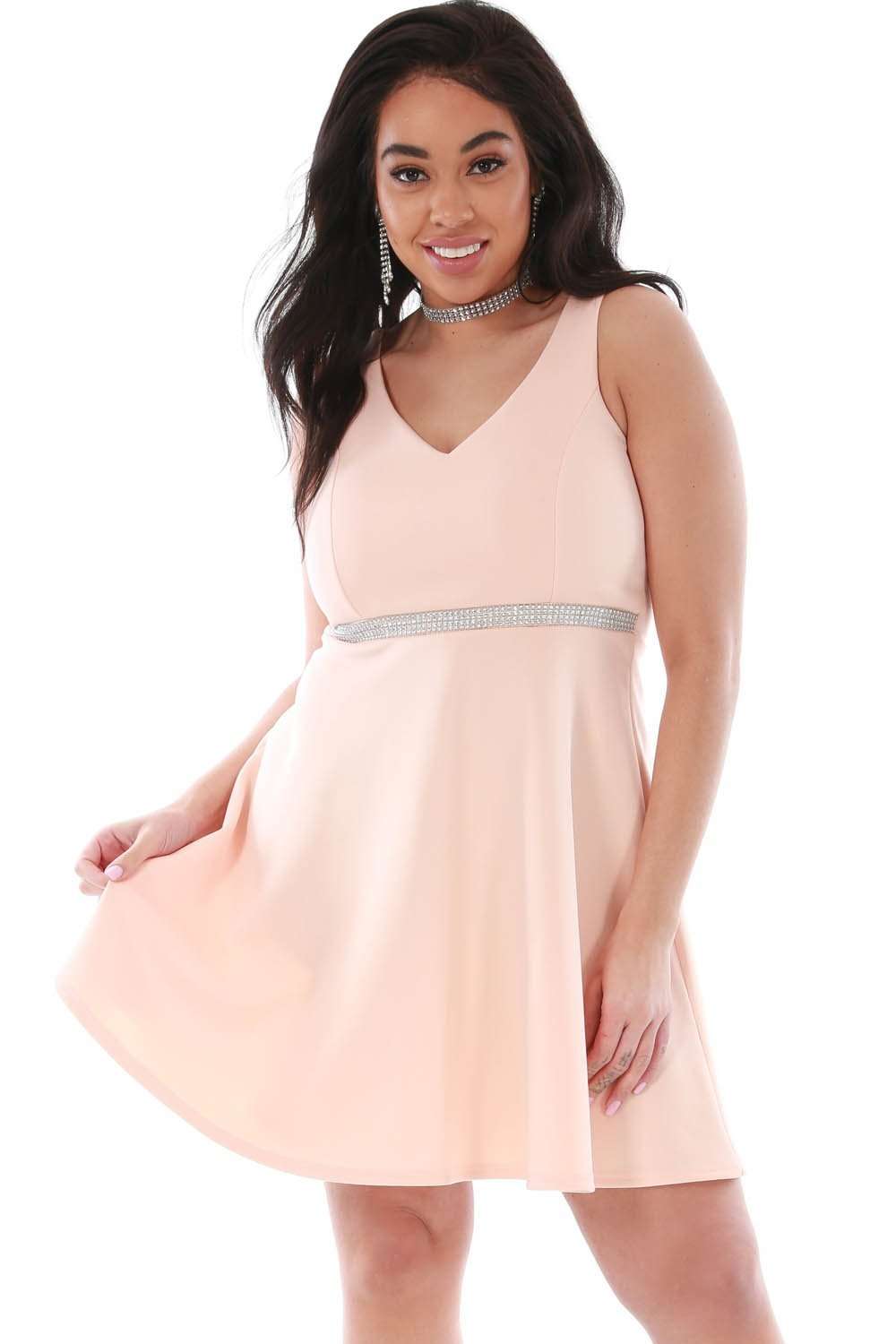 Plus Size Diamante Waist Sleeveless Mini Skater Dress - bejealous-com