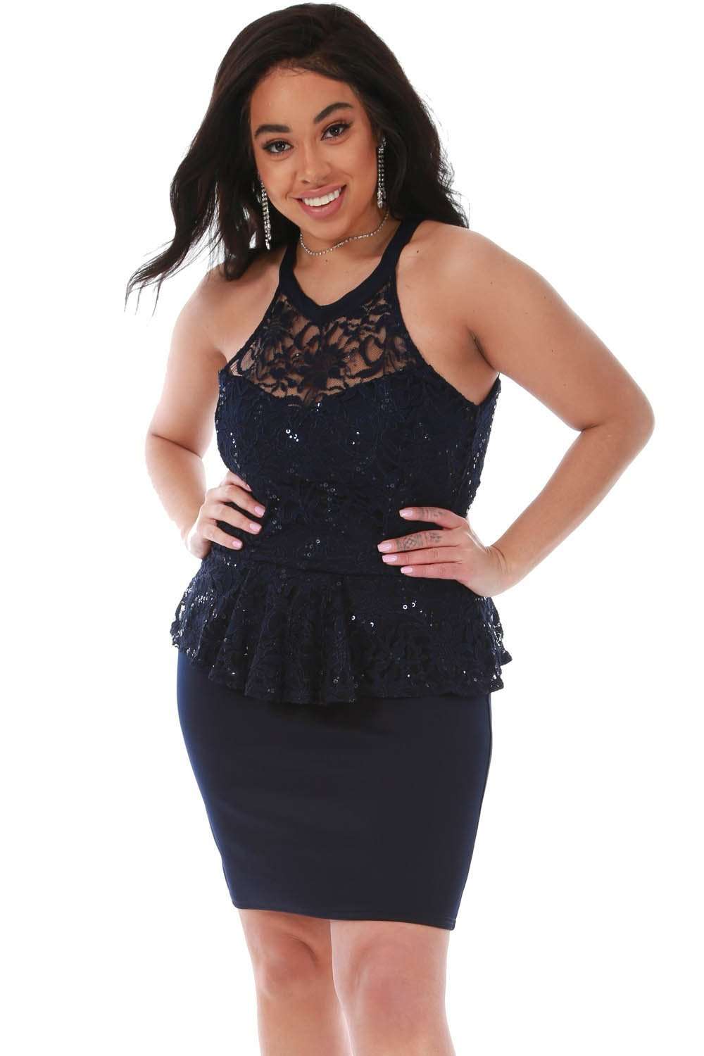 Plus Size Navy Peplum Frill Sequin Lace Mini Dress - bejealous-com